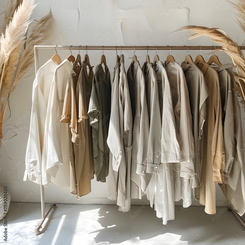 a rack of womens clothing, neutral tone shirts and blouses hung up, ui, ui/ux, photoshoot quality views, pinterest aesthetic, clothing rack in the middle of the room Ai generative 