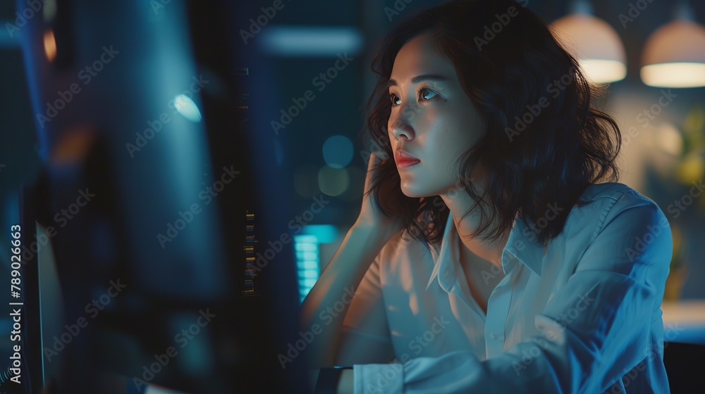 Focused programmer developing innovative software, diligent businesswoman engaged in corporate strategies on her computer in a modern office setting Focused programmer developing innovative software, diligent businesswoman engaged in corporate strategies on her computer in a modern office setting