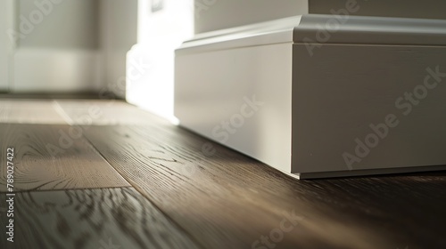 Close up of white plastic plinths on dark wooden oak floor parquet : Generative AI photo