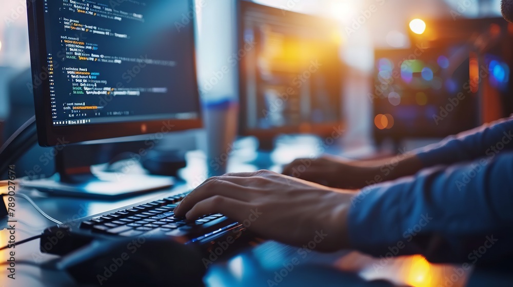 Expert programmer engaged in software development with multiple screens displaying code at a tech-enabled workspace, emphasizing modern coding and programming technologies Expert programmer engaged in software development with multiple screens displaying code at a tech-enabled workspace, emphasizing modern coding and programming technologies