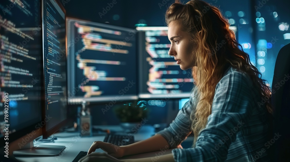 Focused female developer engaged in software programming on desktop in modern office setting