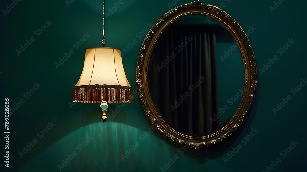 Elegant retro lamp hanging next to a mirror on dark green wall Interior design and home staging : Generative AI Elegant retro lamp hanging next to a mirror on dark green wall Interior design and home staging : Generative AI