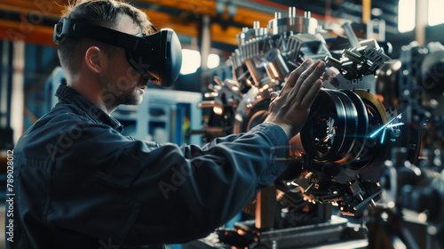 technician wearing a head-mounted display repairs a complex piece of machinery using remote assistance technology photo