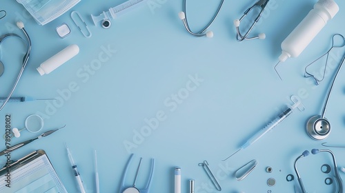 Table top view aerial image of accessories healthcare  medical background conceptEssential instruments or equipment tools on blue paperFlat lay essential items for doctor using treat p : Generative AI photo