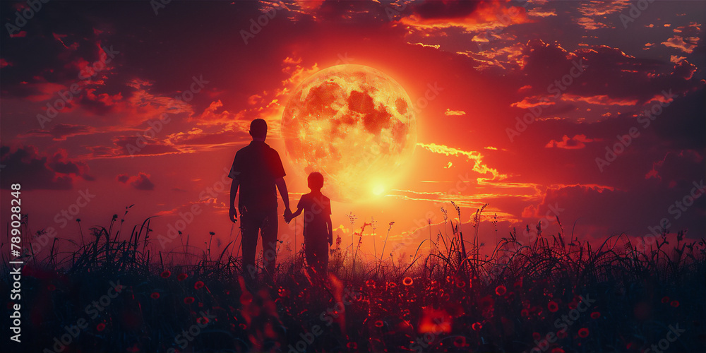 Fathers day theme with silhouette of father walking with his child on the meadow against giant full red moon Fathers day theme with silhouette of father walking with his child on the meadow against giant full red moon