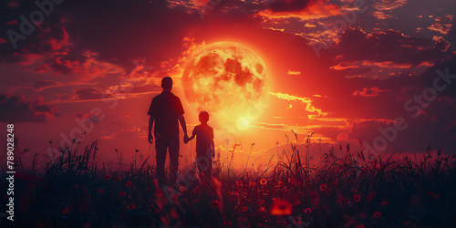 Fathers day theme with silhouette of father walking with his child on the meadow against giant full red moon
