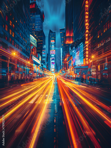 Digital art concept depicting modern cityscape with high-rise buildings. Dynamic light streaks evoke a sense of high-speed 5G connectivity.