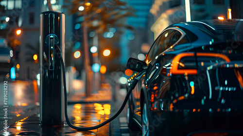 Futuristic electric car connected to charging station in the city