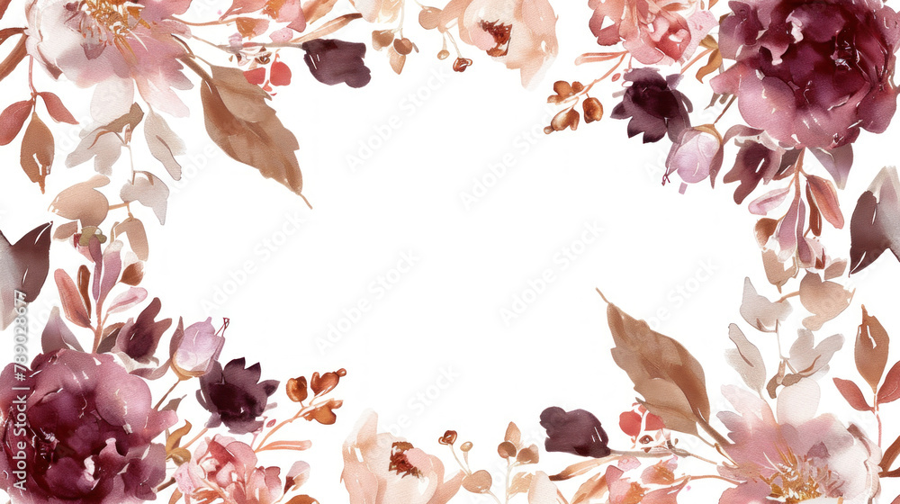 watercolor rose gold floral frame border with pink and maroon flowers ...