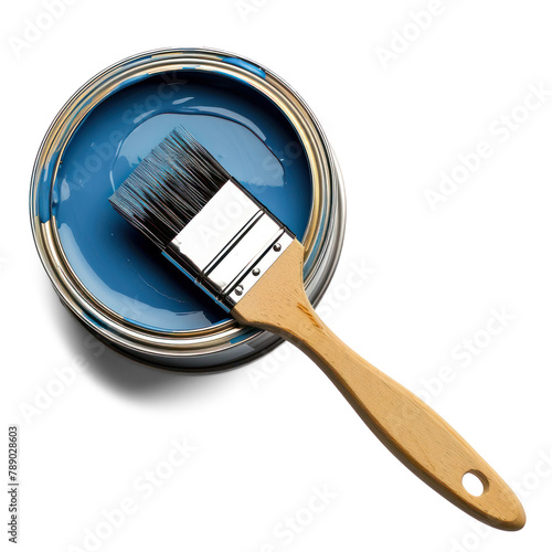 top view lay flat paint brush laying on paint can with on transparency background PNG
