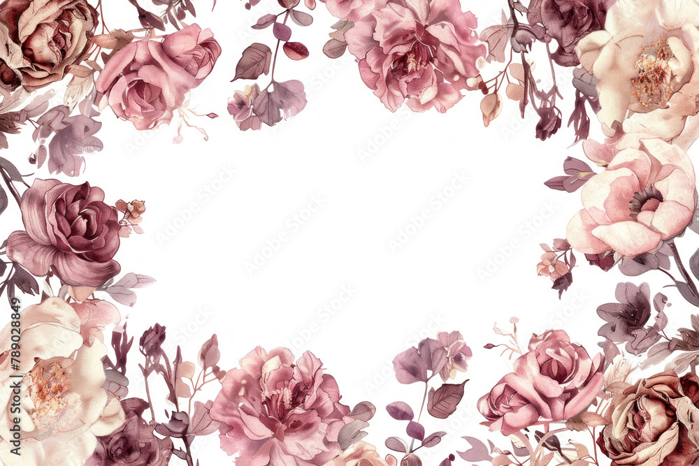watercolor rose gold floral frame border with pink and maroon flowers ...