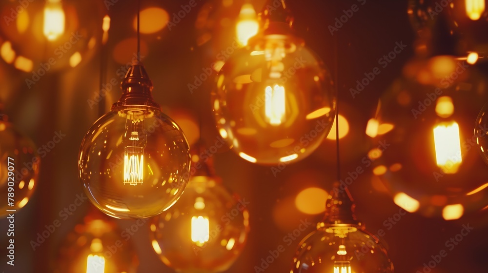 Classic sphere lighting bulbs are glowing in orange warming shade there are hanging from ceiling in dark environment Interior cozy style decoration Closeup and selective focus : Generative AI Classic sphere lighting bulbs are glowing in orange warming shade there are hanging from ceiling in dark environment Interior cozy style decoration Closeup and selective focus : Generative AI