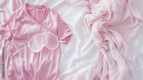 Top view pink pajama and eye sleep mask on white crumpled bedclothes cushion and blanket as fon Cozy pyjamas for comfort rest at night Flat lay from singlet shorts sleeping mask pastel : Generative AI photo