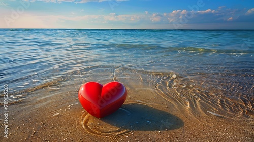 Red heart shaped round blue rubber ring at the waters edge of the clear shallow sea at penn vounder beach photo