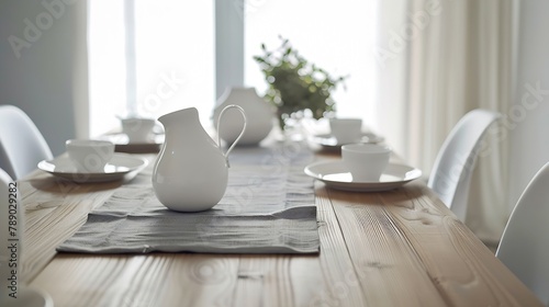 Modern Dining Room Featuring a Wooden Dining Table Adorned with a Grey Casual Linen Textured Table Runner Teapot and White Plates beside a White Plastic Dining Chairs White Wall Close : Generative AI