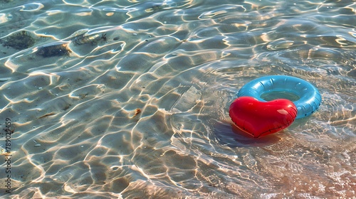 Red heart shaped round blue rubber ring at the waters edge of the clear shallow sea at penn vounder beach photo