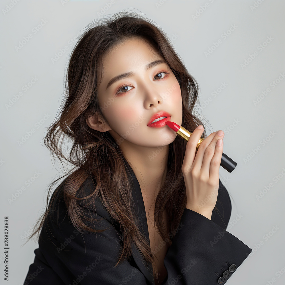 A pretty Korean female beauty model is holding a red lipstick in one hand, She is wearing a black suit A pretty Korean female beauty model is holding a red lipstick in one hand, She is wearing a black suit