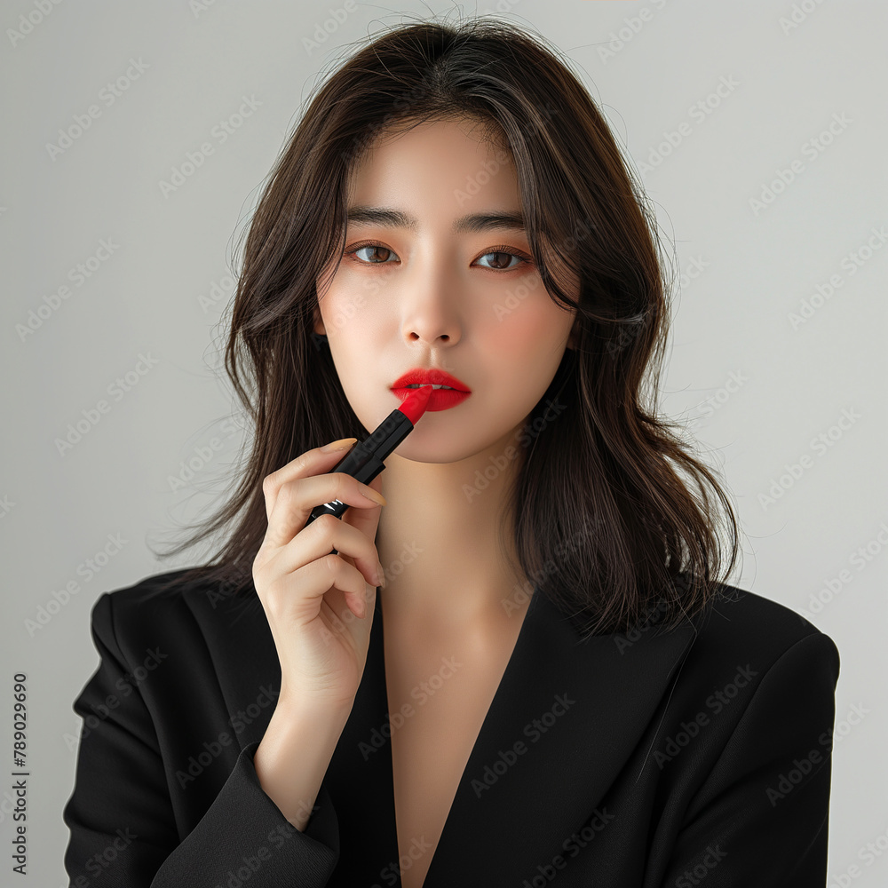 A pretty Korean female beauty model is holding a red lipstick in one hand, She is wearing a black suit A pretty Korean female beauty model is holding a red lipstick in one hand, She is wearing a black suit