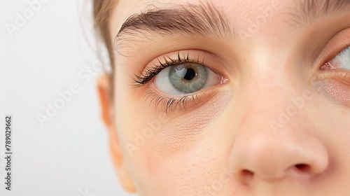 Cropped shot of a young womans face with dark circle under eye isolated on a white background Bruise under the eyes are caused by fatigue nervousness lack of sleep insomnia and stress : Generative AI