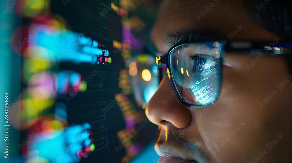 Closeup Portrait of Software Engineer Working on Computer Line of Code Reflecting in Glasses Developer Working on Innovative eCommerce Application using Machine Learning AI Algorithm B : Generative AI Closeup Portrait of Software Engineer Working on Computer Line of Code Reflecting in Glasses Developer Working on Innovative eCommerce Application using Machine Learning AI Algorithm B : Generative AI