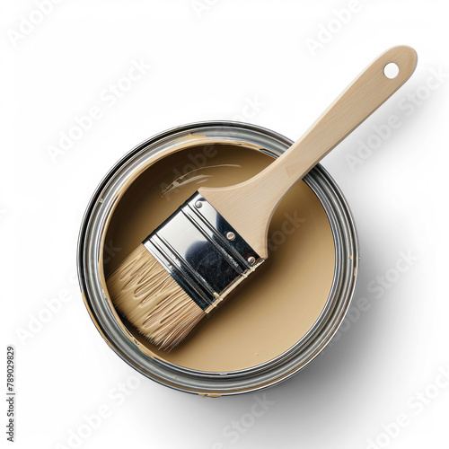 top view lay flat paint brush laying on paint can with on transparency background PNG 