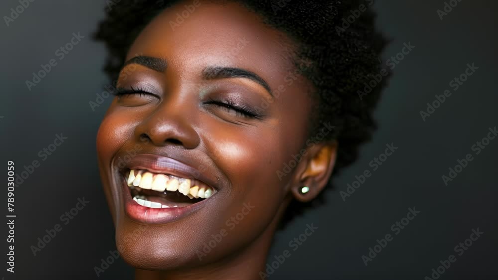 In this striking image a black womans face is illuminated by a gleeful smile and a hearty laugh exclaiming her exuberant sense of triumph and elation. . In this striking image a black womans face is illuminated by a gleeful smile and a hearty laugh exclaiming her exuberant sense of triumph and elation. .