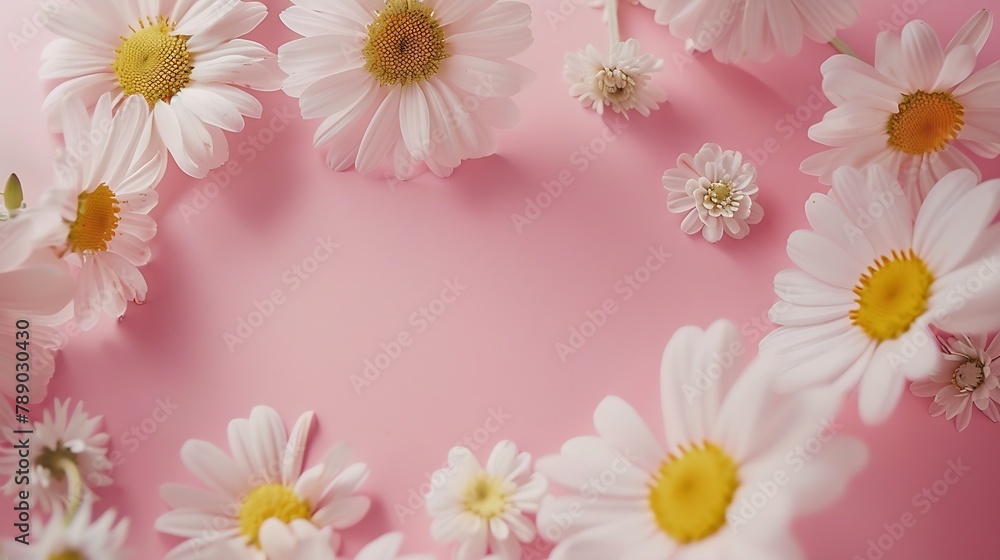 Flower composition Frame made of white chamomile flowers on pink background Flat lay Wedding Womens day Mothers day  Valentines day layout : Generative AI