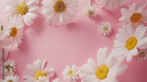 Flower composition Frame made of white chamomile flowers on pink background Flat lay Wedding Womens day Mothers day  Valentines day layout   Generative AI