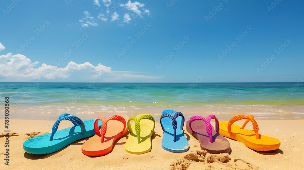 Row of colorful flip flops on beach against sunny sky Row of colorful flip flops on beach against sunny sky