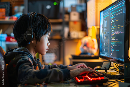 Kid wearing headphones programming on a PC with dual monitors in a cozy room