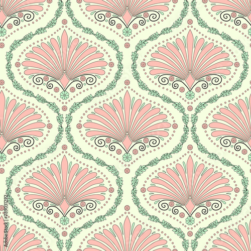 Seamless pattern with pink floral ogee and anthemion geometrical motifs on a cream background. Minimalist classic abstract repeat wallpaper.
