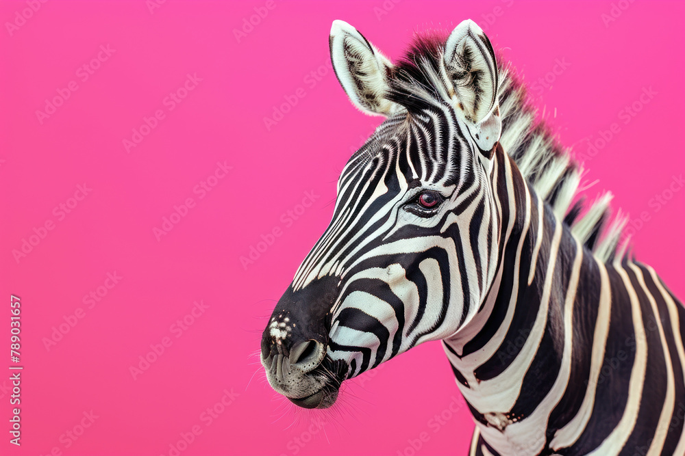 Fototapeta premium close up of portrait of zebra on pink background