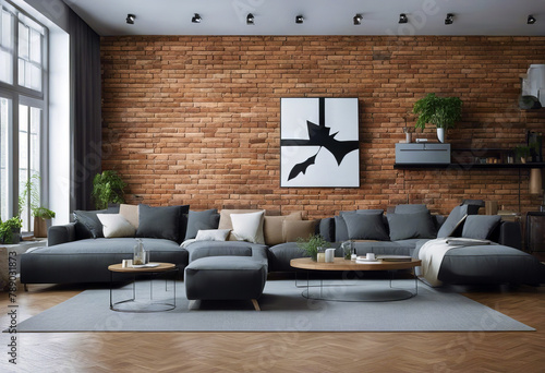 interior brick wall living room Spacious design flat furniture television apartment decor sofa roomy home style plant residential couch comfort potted dwell house parquet