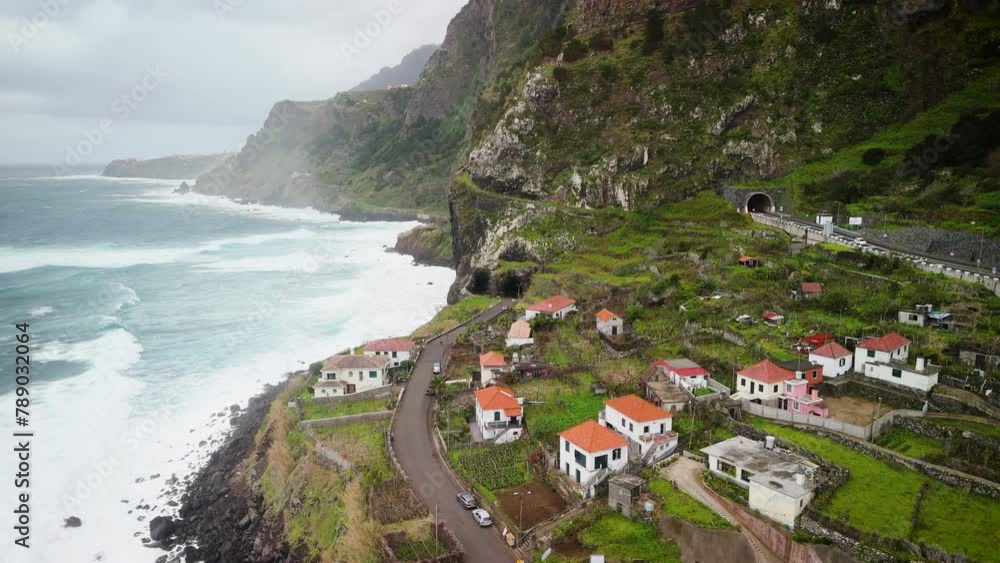 Sao Vicente seashore mountainvillage, establishment shot by drone overview, Madeira aerial view Sao Vicente seashore mountainvillage, establishment shot by drone overview, Madeira aerial view