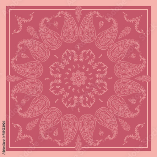Monochrome pink scarf or bandana design with paisley mandala pattern and floral elements. Ethnic carpet design.