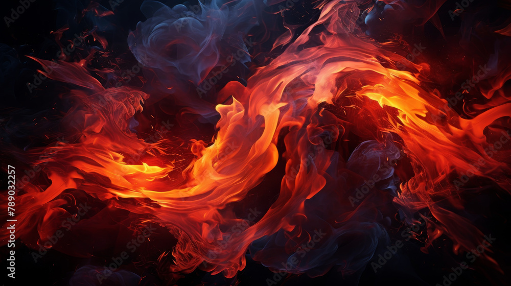 fiery, abstract painting with red and blue swirls