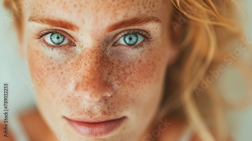 Freckles blonde woman portrait closeup blue eyed girl perfect skin : Generative AI photo