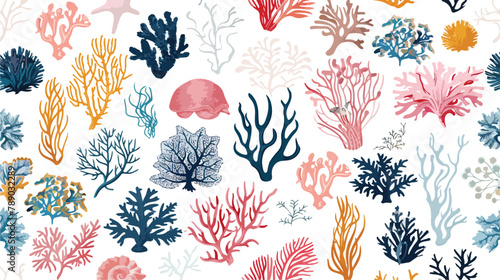 Seamless pattern with various corals and seaweed or a