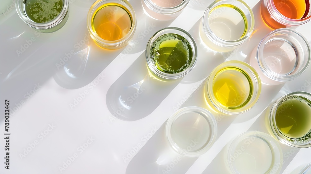 Natural medicine cosmetic research bio science organic skin care products Petri dish on white background Top view flat lay copy space Concept skincare Dermatology : Generative AI Natural medicine cosmetic research bio science organic skin care products Petri dish on white background Top view flat lay copy space Concept skincare Dermatology : Generative AI