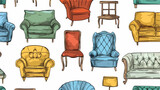 Seamless pattern with various cozy furniture drawn wi