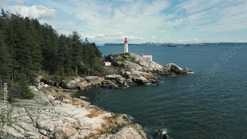 aerial shot toward point atkinson lighthouse in Lighthouse park  in West Vancouver near Vancouver city in british columbia in Canada photo