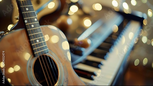 Guitar and piano keys closeup on a blurred background with bokeh : Generative AI photo