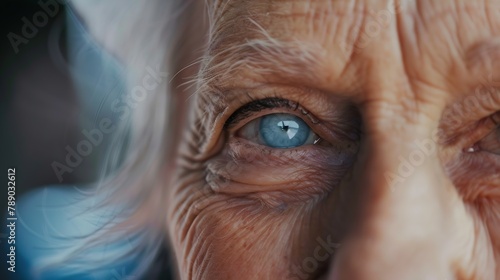 Closeup Shot of an Eyes of Beautiful Senior Woman Looking at Camera and Smiling Wonderfully Gorgeous Looking Elderly Grandmother with Natural Beauty of Grey Hair Blue Eyes and Cheerful : Generative AI