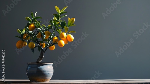 Potted citrus plant with ripe yelloworange fruits copy space Closeup of indoor growing lemon Volcameriana tree  Elegant home decor template Home gardening hobby : Generative AI photo