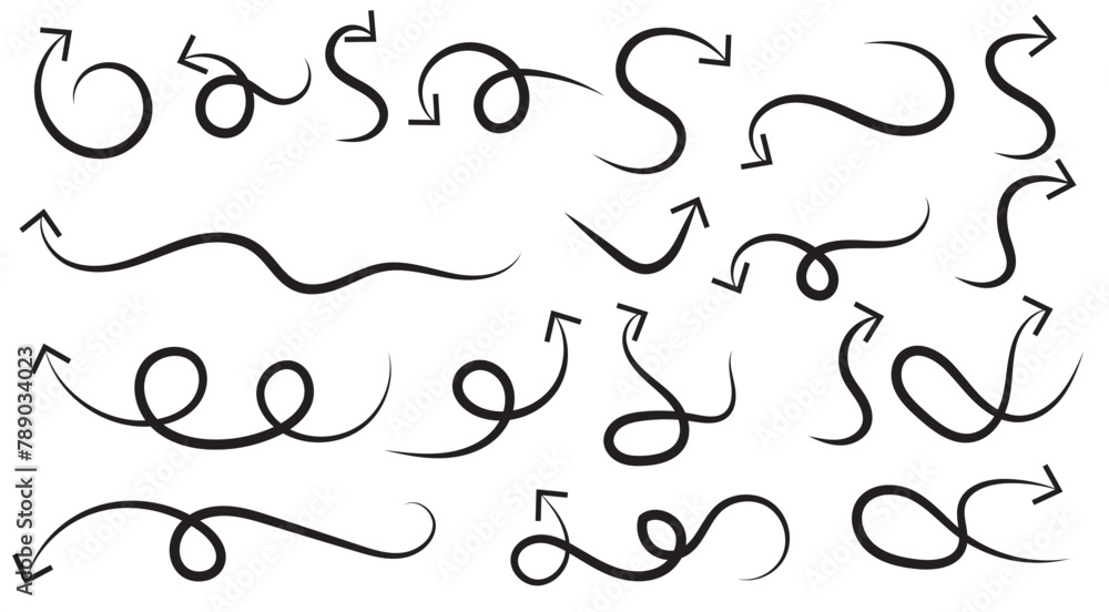 Set of vector curved arrows hand drawn. Sketch doodle style. Collection of pointers. Set of vector curved arrows hand drawn. Sketch doodle style. Collection of pointers.
