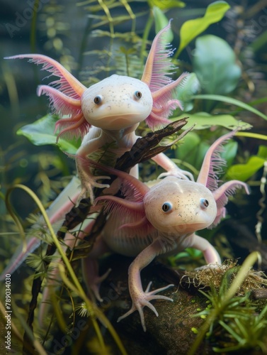 two adorable little axolotls with cute plantlike features on their backs