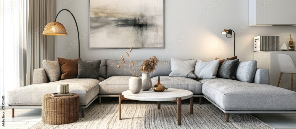 Fototapeta premium A photograph showing a white table placed on a carpet in a living room with a grey sofa, painting, and lamp.