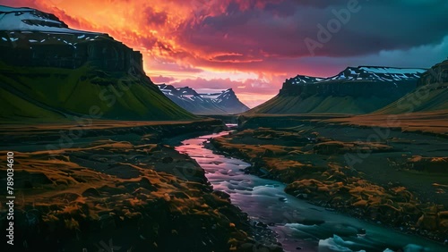 Video animation of breathtaking landscape during twilight. A serene river winds through a lush valley, flanked by moss covered banks. photo