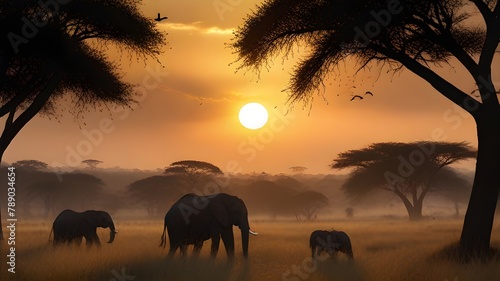 elephants at sunset in the river