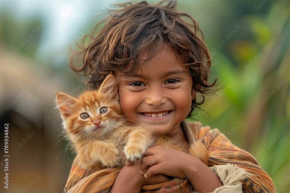 Asian happy boy with cat in nature, selective focus
